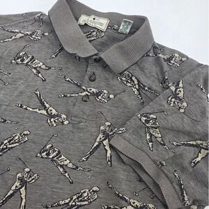VINTAGE 90s GOLF POLO MENS LARGE AOP GOLFER SWING GRAY ALL OVER JOHN ASHFORD DAD